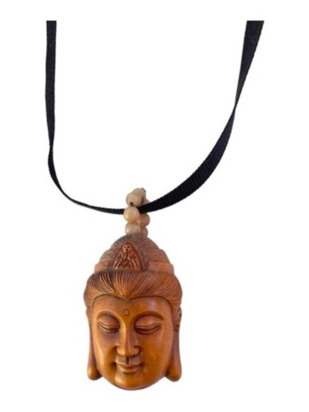 Vintage Japanese Hand-Carved Boxwood Kwan-Yin Buddha Pendant Necklace Signed